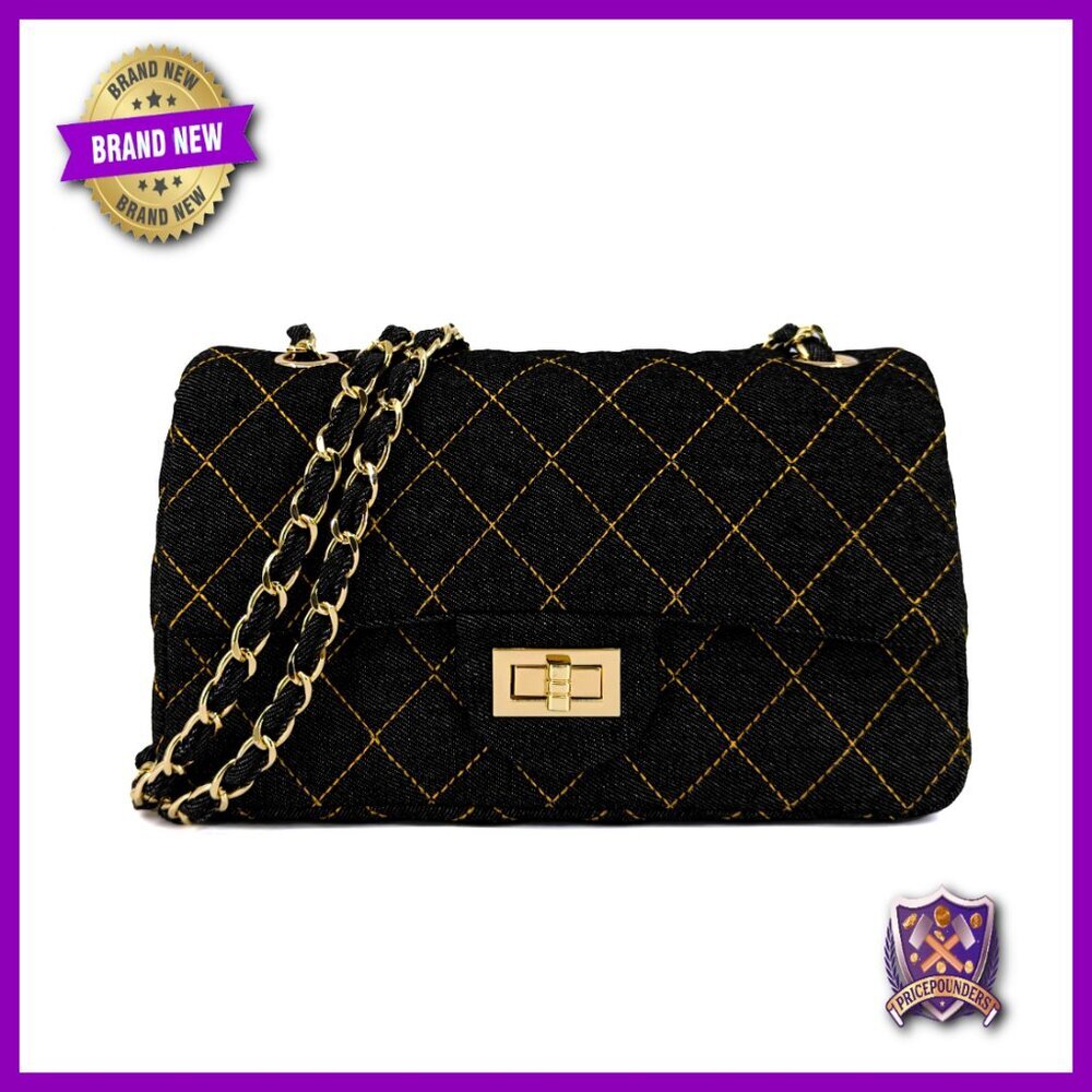 Quilted Denim Crossbody Bag Double Flap Purse Gold Hardware Chain Strap